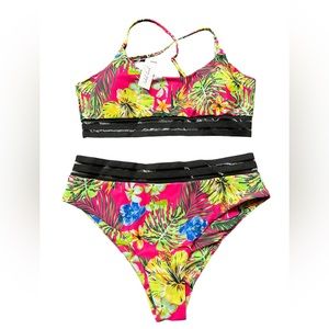 EDEL QUAL womens floral & tropical print mid rise cheeky bikini set w mesh panel